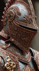 Detailed close-up of ornate armor showcasing intricate designs and craftsmanship in historical display