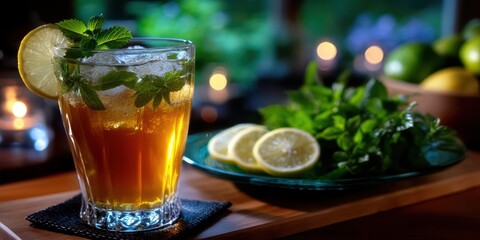 Refreshing iced tea with mint and lemon served in a cozy evening setting among candles and fresh ingredients