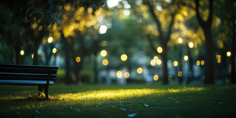 Serene park setting with softly glowing lights in the evening ambiance