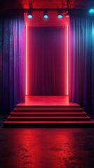 Colorful stage with neon lights and curtains in a theater setting during a performance preparation