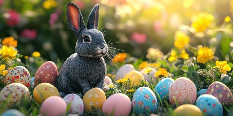 Colorful Easter eggs surround a rabbit in a vibrant spring garden at sunset