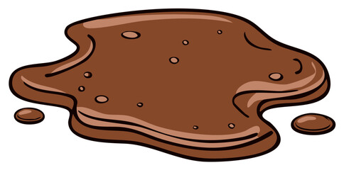 Cartoon illustration of a brown liquid splat puddle with small drops and ripples