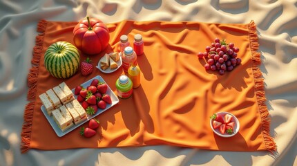 Sunshine & Sandwiches: A Vibrant Beach Picnic Flat Lay with Ample Copy Space