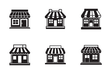 Collection of Black and White Storefront Icons Various Shop Facade Designs in Simple Minimalist Style for Online Use