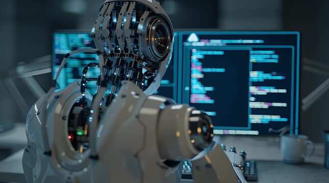 Animation of a hacker with robotic hands a concept of cybercrime, artificial intelligence threats and cybersecurity 4k video