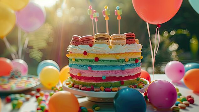Rainbow layer cake at outdoor children's party