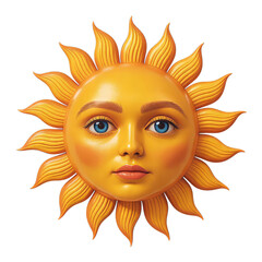 Anthropomorphic sun face with bright blue eyes isolated on a transparent background celestial yellow