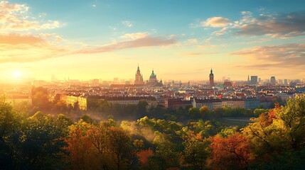Naklejka premium Scenic warsaw skyline featuring vibrant rooftops and churches picture