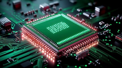 High-Tech Microchip on Circuit Board with Glowing LED Lights