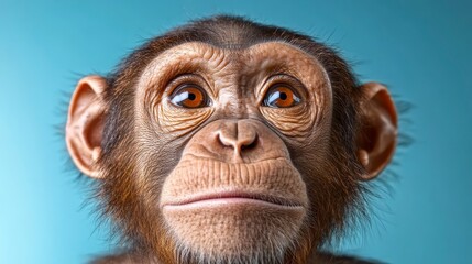 Close-Up Portrait of a Young Chimpanzee with Bright Eyes against Blue Background