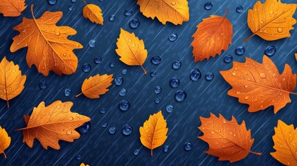 An orange autumn leaf lies on a wet, dark asphalt surface, reflecting the calm and somber atmosphere of the fall season after a rain