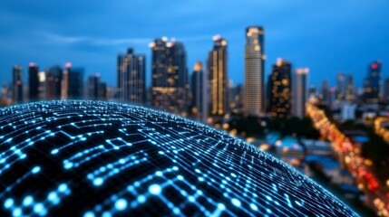 Digital Globe with Circuit Pattern and City Skyline at Dusk