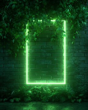 Green Neon Frame on Brick Wall with Foliage
