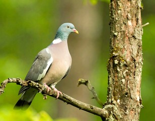 A pigeon perched on a tree branch in a forest