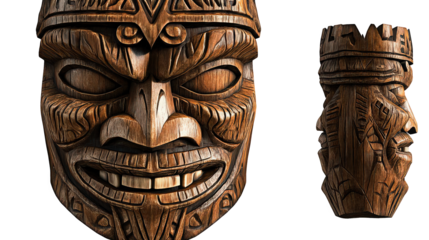Close up of two intricately carved wooden tiki masks with detailed facial expressions and tribal designs