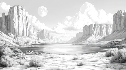 Monochrome desert landscape, dramatic cliffs, serene lake, moonlit sky