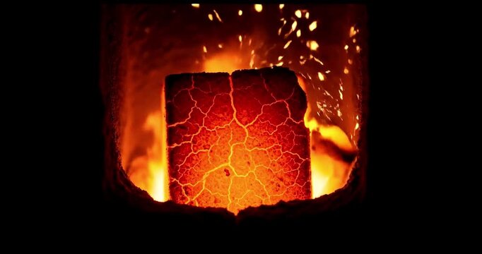 Intense Heat: Red-Hot Metal Ingot Forging in a Fiery Industrial Furnace with Erupting Sparks