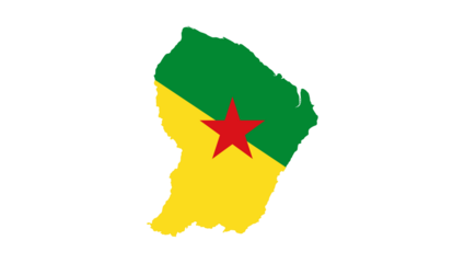 Map silhouette of French Guiana, displaying the national flag of the country on a white background