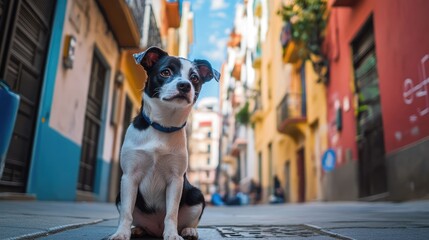 A small dog is sitting on a sidewalk in front of a building