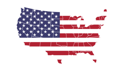 Map of the United States of America overlaid with the Stars and Stripes flag, symbolizing national identity and patriotism