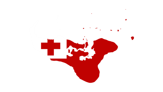 Map of Tonga filled with the national flag design, a patriotic symbol of the Polynesian island nation on a white background