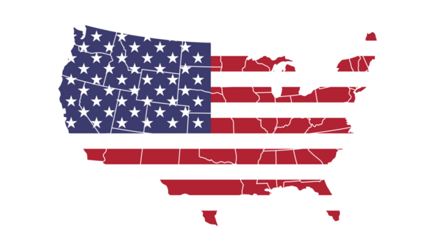 Map of the United States of America overlaid with the Stars and Stripes flag, symbolizing national identity and patriotism