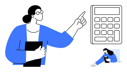 Person in glasses holding notebook, raising hand to point at calculator. Ideal for education, finance, training, teaching, presentation, coaching, and simple landing page
