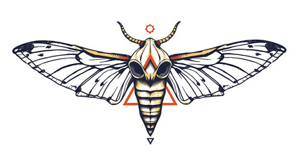 Vector illustration with hand drawn dead head moth and Sacred geometric symbol on white background. Abstract mystic sign. Colored linear shape. For you design.