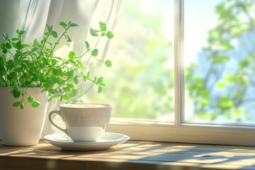 Soft, natural light from a nearby window illuminates a rustic wooden table, where a white cup of cappuccino with a light dusting of cinnamon on top is resting