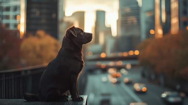 A dog is sitting on a ledge in front of a city