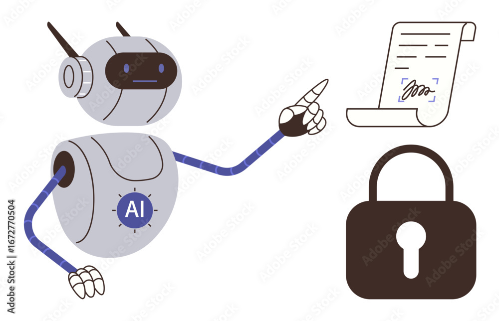 Wall mural humanoid ai robot gesturing toward signed contract and padlock symbol for security. ideal for ai, au