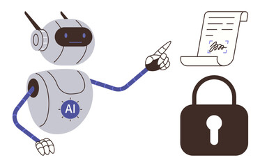Humanoid AI robot gesturing toward signed contract and padlock symbol for security. Ideal for AI, automation, technology, cybersecurity, digital contracts, innovation, secure communication. Simple