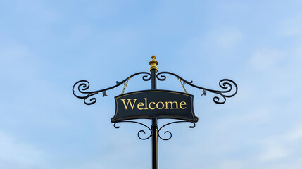 Welcome sign in a serene sky setting inviting visitors to the location