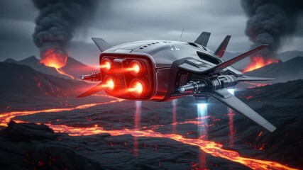 Futuristic Spaceship Flying Over Lava Fields with Volcanoes in Eruption Background - Powered by Adobe