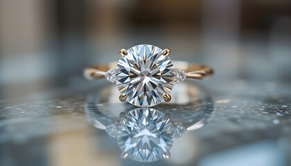 Crystal-clear diamond ring on a reflective glass surface
