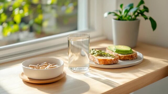 Healthy breakfast with cereal, avocado toast, glass of water on sunny windowsill