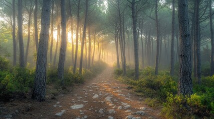 Fototapeta premium Sunlit path through misty forest. Golden light pierces dense trees