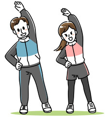 スポーツウェアで体操する若い男女