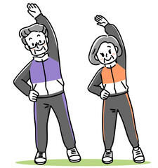 スポーツウェアで体操するシニア男女