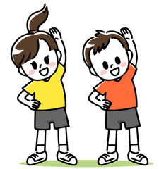 仲良く体操する女の子と男の子