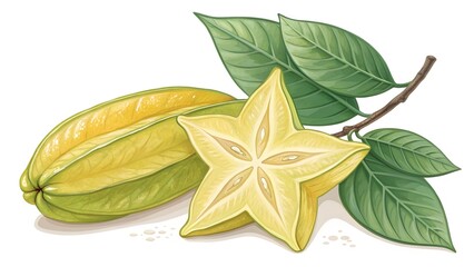 Fototapeta premium Starfruit slice and whole fruit with leaves carambola