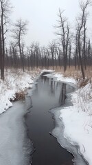 Frozen creek winds through snowy, bare winter woods.  Dark water reflects leafless trees