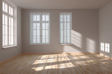 Empty room with sunlight streaming through windows