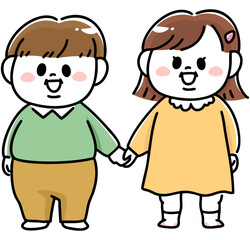 手を繋いで立つ肥満体型の男の子と女の子