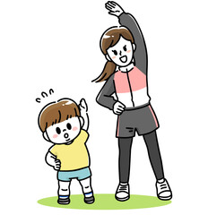 体操する母親と子供