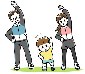 笑顔で体操する家族