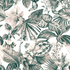 Tropical pattern with leaves, flowers and butterflies painted in watercolor. Tropical seamless background with exotic plants and butterflies.