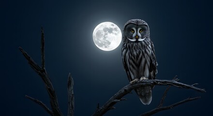 Owl under the Moonlit: A majestic owl perches on a gnarled tree branch under the luminous glow of a full moon in a dark, serene night.
