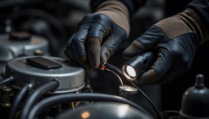 Detailed Inspection of Automotive Parts Using Flashlight and Gloves for Enhanced Visibility