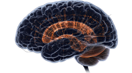 A detailed view of a human brain with highlighted corpus callosum and neural connections on black backdrop
